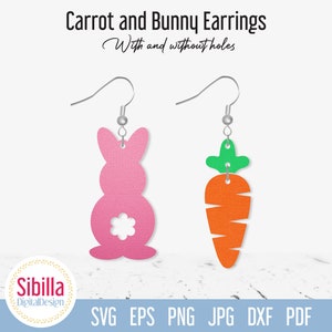 Karotte und Hase Ohrring SVG Cut File, Osterschmuck Schnittdatei für Cricut Silhouette Glowforge Laser cut, Cute Faux Leather Ohrring Template