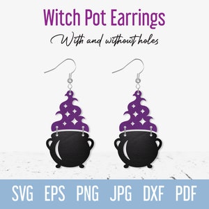 May include: A pair of Witch Pot Earrings with a black cauldron base and a purple flame design. The earrings are suspended from silver-colored hooks. The image also includes the text "Witch Pot Earrings With and without holes".