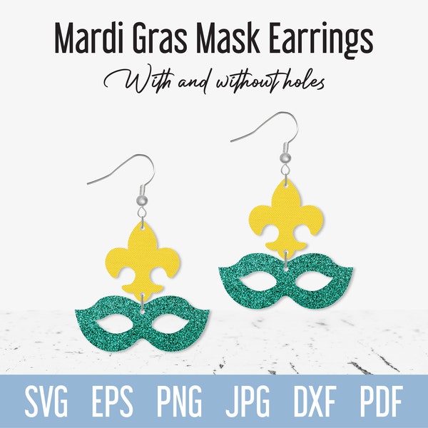 Boucle d'oreille masque de Mardi Gras SVG, modèle svg de boucle d'oreille en cuir fleur de lys, bijoux de masque de carnaval coupe fichier pour Cricut Silhouette Glowforge Laser