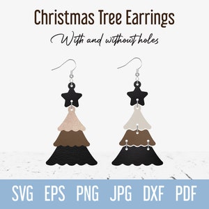 Puede incluir: Un par de pendientes de árbol de Navidad con una estrella negra, capas marrones, beige y negras. Los pendientes están disponibles con y sin agujeros. Se incluyen archivos SVG, EPS, PNG, JPG, DXF y PDF.