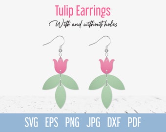 Plantilla SVG de aretes de flores, aretes colgantes de piel sintética con tulipanes, archivo de corte de joyería de flores de primavera para Cricut Glowforge Silhouette Laser Cut