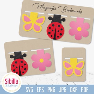 Könnte beinhalten: Drei magnetische Lesezeichen mit einem Marienkäfer-, Schmetterlings- und Blumendesign. Der Marienkäfer ist rot mit schwarzen Punkten, der Schmetterling ist gelb mit rosa Flügeln und die Blume ist rosa mit einer gelben Mitte. Die Lesezeichen befinden sich auf einem braunen Hintergrund mit dem Text "Magnetic Bookmarks" oben.
