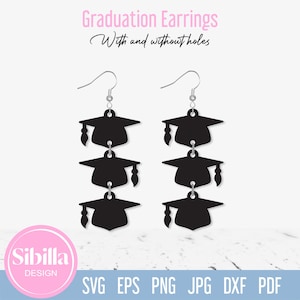 May include: Black graduation cap earrings with three tiers. The earrings are available with or without holes. The image includes the text "Graduation Earrings" and "With and without holes".