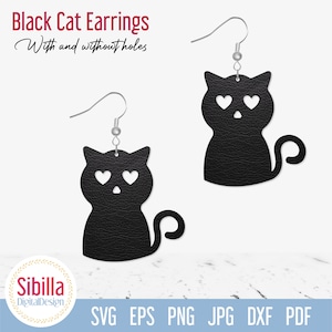 Pendientes de gato negro SVG, pendientes de piel sintética de Halloween SVG, plantilla de joyería de otoño, archivo de corte para amantes de los gatos para Cricut Silhouette Glowforge Laser