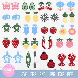May include: A collection of colorful, cut-out designs featuring various shapes and objects. Includes images of a camper van, avocado, cherries, clouds, pineapples, turtles, swimsuits, tomatoes, strawberries, peppers, peaches, ladybugs, and lobsters. The text "Sibilla Design" is visible.