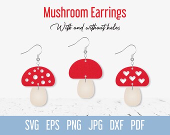Fall Mushroom Earring SVG, Faux Leather earrings SVG, Mushroom Heart Dangle Jewelry cut file for Cricut Glowforge Silhouette Laser cutting