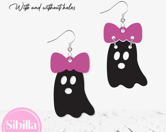 Ghost with Bow Earrings SVG, Halloween Faux Leather Earrings SVG Template, Cute Fall Earrings Cut file, Spooky Glowforge Earrings, Fall SVG