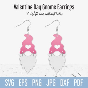 Heart gnome earrings svg, Cute Valentine Earring Template, Earring Cut File for Cricut Glowforge Silhouette, Heart Faux Leather Earrings svg