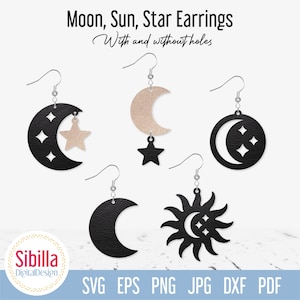 Pendiente de sol y luna SVG, Pendiente de piel sintética con forma de estrella SVG, Plantilla de pendiente de media luna Archivo de corte para Cricut Glowforge Corte láser, Pendiente de piel SVG