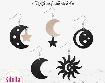 Sun Moon Earring SVG, Star Faux Leather Earring SVG, Crescent Earring Template Cut file for Cricut Glowforge Laser cut, Leather Earrings svg