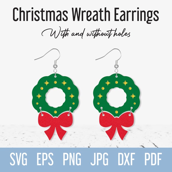 Christmas Wreath Earring SVG, Wreath with Bow Faux Leather Earring svg, Holiday Jewelry svg, Winter cut file for Cricut Silhouette Glowforge