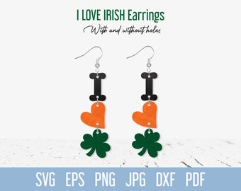 File di taglio per orecchini in formato svg per il giorno di San Patrizio, modello per orecchini in pelle con trifoglio in formato svg, gioielli con trifoglio in formato svg per Cricut Glowforge Laser, I Love Ireland in formato svg