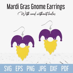 Mardi Gras Gnome Earring SVG, New Orleans Faux Leather Earrings svg Template, Dangle Jewelry cut file for Cricut Silhouette Glowforge Laser