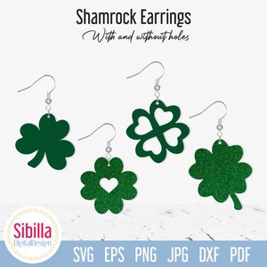 Archivo de corte SVG de aretes de trébol, plantilla de joyería de trébol de cuatro hojas para corte láser de silueta Cricut Glowforge, SVG de cuero del Día de San Patricio
