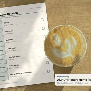 Programme de nettoyage imprimable pour les personnes atteintes de TDAH, kit de réinitialisation de la maison adapté aux personnes atteintes de TDAH, liste de contrôle de nettoyage à faible consommation d'énergie, tableau des tâches ménagères pièce par pièce, format US Letter A4