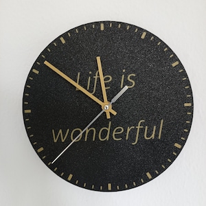 Living room clock, designer clock, black, gold, &quot;Life is Wonderful&quot;