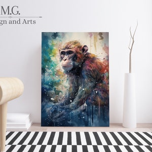 Affe Aquarellfarbe | Bunte Wandkunst | Tiermalerei | Digitaler Download | Druckbare Kunst | Zeitgenössische Kunst | Wohndekor