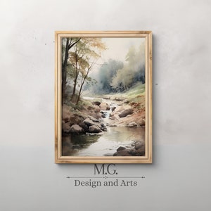River painting | Vintage Neutral Wall Art | Nature wall art | Vintage Landscape | Living Room Decor | Watercolor art | Above Bed Decor