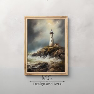 Old lighthouse | Moody Coastal decor | Antique coastal oil painting | Beach house decor | Seaside painting | Vintage seascape oil painting