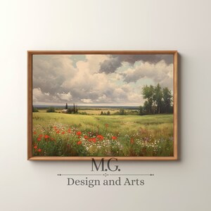 Wildflower Field Landscape Oil Painting | Antique Decor | Vintage Landscape Art Print | Country Field Wall Art | Digital Download