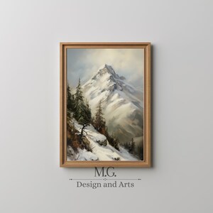 Winter Mountains Landscape | Oil art | Vintage Landscape | Winter Oil Painting Antique Decor | Living Room Decor | Vintage Neutral Wall Art