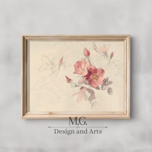 Antique Pink Floral Watercolor Painting: Botanical Sketch (Digital Wall Art)