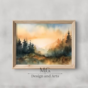 Forest Sunset Painting | Antique Decor | Vintage Neutral Wall Art | Watercolor art | Country Landscape Print | Vintage Landscape