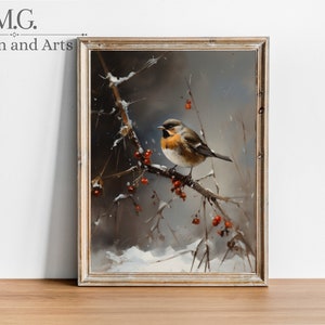 Antique oil painting of a winter bird | Oil art | Antique Decor | Living Room Decor | Vintage Neutral Wall Art | DIGITAL DOWNLOAD