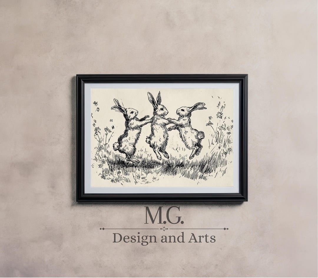 Rabbits Line Drawing | Bunny Art Print | Neutral Cottage Nursery Wall ...