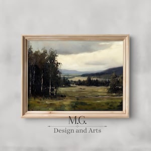 Vintage Green Fields Landscape | French Country Painting | Antique Living Room Decor | VINTAGE Dark Green Landscape PRINTABLE Digital