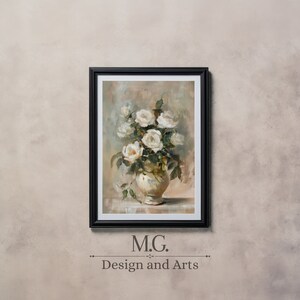 White Roses Oil Painting | PRINTABLE Neutral Still Life Roses Painting | Kitchen Decor | Vintage Botanical Print | Farmhouse Decor Digital