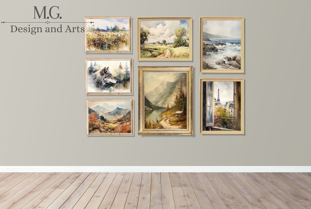 Set of Vintage Watercolor Art Collection of 7 Living Room Decor Antique