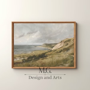 Coastal oil painting | Vintage Seaside Landscape Painting | Beach house decor | Antique Muted Green Wall Art | Digital PRINTABLE