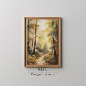 Forest Painting | Antique Decor | Vintage Neutral Wall Art | Watercolor art | Country Landscape Print | Vintage Landscape  Living Room Decor