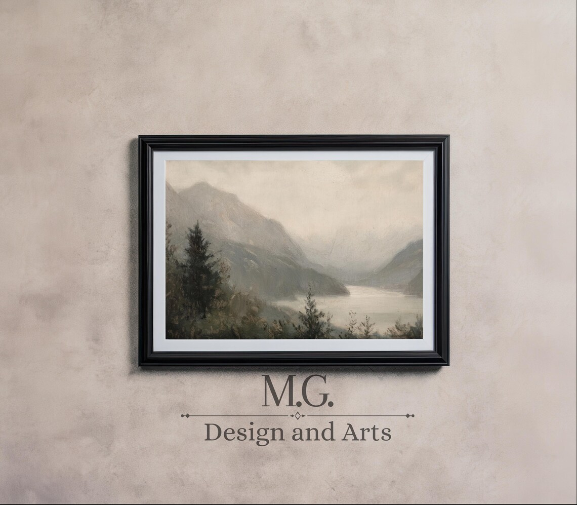 Mountain Landscape Wall Decor | Moody Lake Landscape Oil Art | Vintage ...