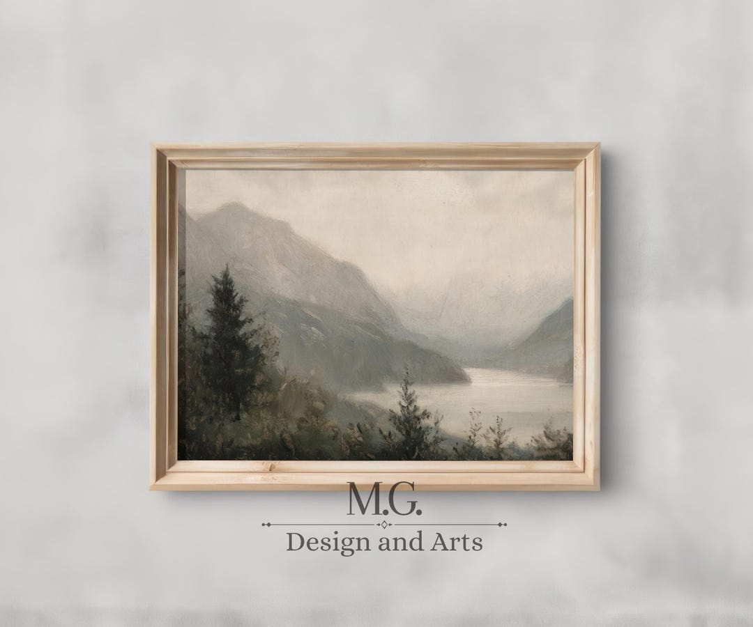Mountain Landscape Wall Decor | Moody Lake Landscape Oil Art | Vintage ...