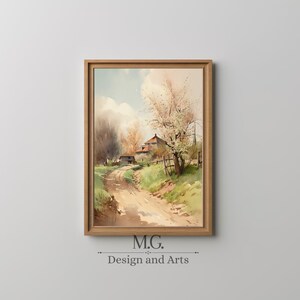 Spring landscape painting | Country Landscape Print | Antique Decor Watercolor | Vintage Landscape | Living Room Decor | Watercolor art
