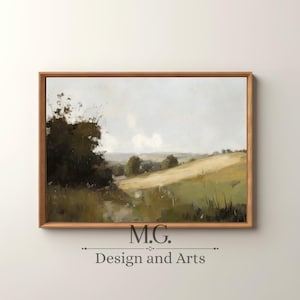 Vintage Farmhouse Decor | European Countryside Oil Painting | Country Landscape Art Print | Dark Green PRINTABLE Digital