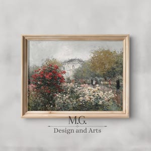 Vintage Impressionist Rose Garden Print: Country Cottage Landscape (Digital Download