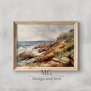 Coastal decor | Seaside painting | Vintage seascape watercolor painting | Antique coastal watercolor painting | Beach house decor