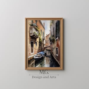 Vintage Neutral Italien Wandkunst | Architektur Wanddekoration | DRUCKBARE Venedig Kanal Malerei | Antikes Dekor Aquarell Digitaler Download