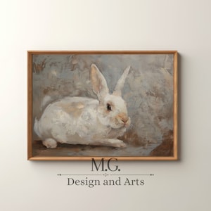 Antique Oil Rabbit Painting | Vintage Rabbit Painting | Living Room Decor | Neutral Country Nursery Wall Art | Easter PRINTABLE Digital