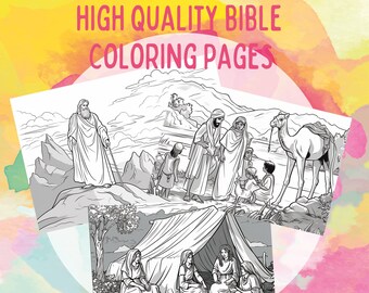 May include: Black and white colouring pages featuring biblical scenes. The first page depicts a man with a staff standing on a mountain. The second page shows a group of people walking through a desert landscape with a camel. The third page shows a group of people sitting inside a tent.