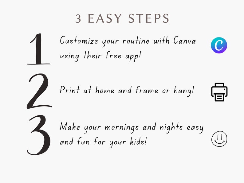 May include: A cream-coloured background with the text "3 EASY STEPS" at the top. The steps are numbered 1, 2, and 3. Each step has a short description. The Canva logo, a printer icon, and a smiley face are also included.