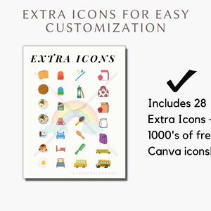 May include: A sheet of illustrated icons, featuring breakfast items, school supplies, and a rainbow, with the text "EXTRA ICONS" and "Includes 28 Extra Icons + 1000's of free Canva icons!"
