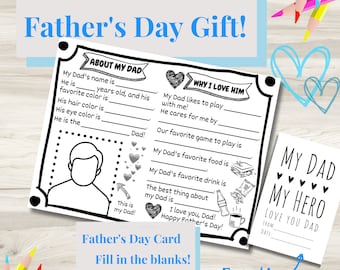 May include: A printable Father's Day card with a fill-in-the-blanks design. The card features a section for "About My Dad" and "Why I Love Him". It also includes a space to draw a picture of the dad. The card is black and white with a grey heart design.
