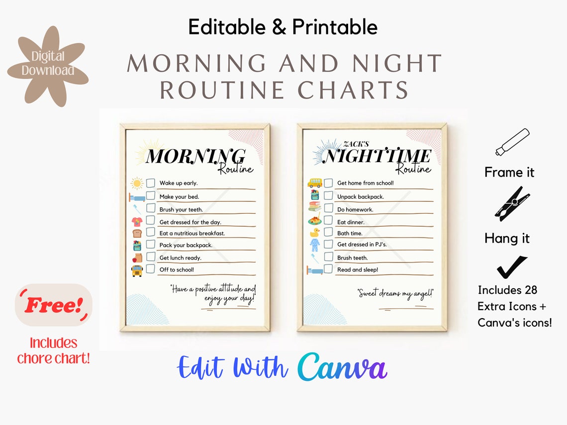 Morning and Night Routine Chart + FREE Chore Chart, Kids Routine Chart ...