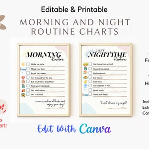 Morning and Night Routine Chart + FREE Chore Chart, Kids Routine Chart, Printable Tasks, Chore Chart, Canva Template, Editable Routine Chart