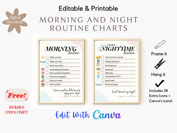 Morning and Night Routine Chart + FREE Chore Chart, Kids Routine Chart, Printable Tasks, Chore Chart, Canva Template, Editable Routine Chart