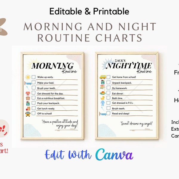 Morning and Night Routine Chart + FREE Chore Chart, Kids Routine Chart, Printable Tasks, Chore Chart, Canva Template, Editable Routine Chart